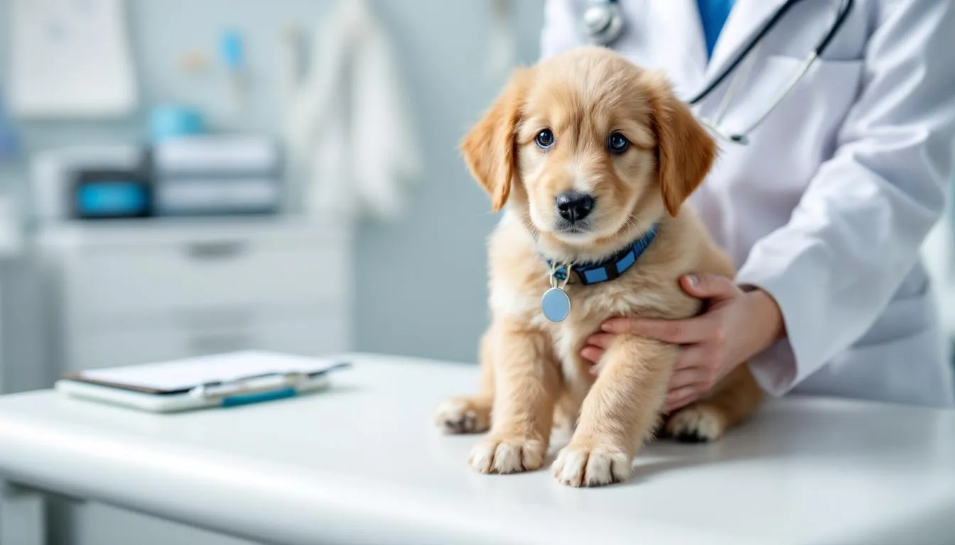 A full grown mini goldendoodle is receiving veterinary care during a routine checkup, sitting calmly on the examination table while a veterinarian gently examines its curly coat. This affectionate and friendly dog, known for its hypoallergenic qualities, is a popular choice among families and allergy sufferers alike.