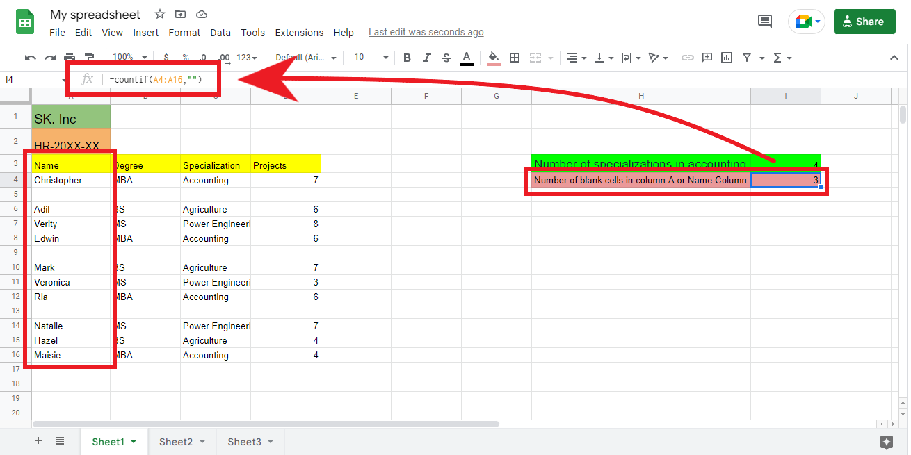 Using countif formula/count function in Google Sheets to count blank cells