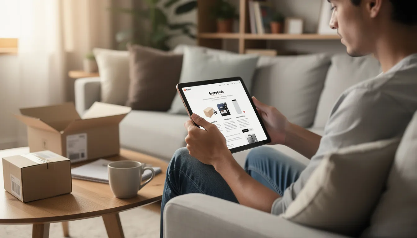 A person is sitting comfortably at home, reading a buying guide on a tablet while shopping online. The scene captures the essence of modern e-commerce, highlighting how consumers use digital resources to make informed purchasing decisions.