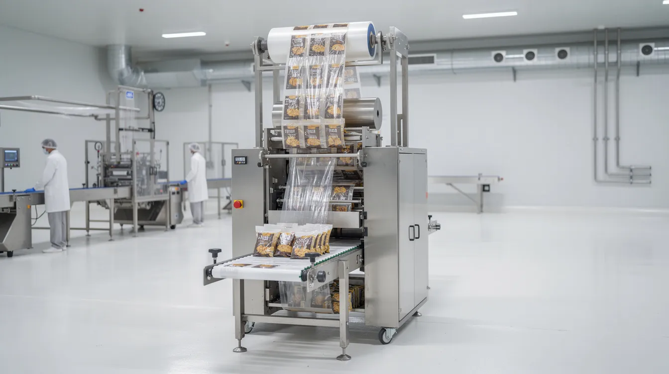 50f44d4a 5c83 4fb0 ab18 f3b0a2d07e8e The image shows a vertical form-fill-seal machine efficiently filling pouches with instant poha mix in a clean food processing facility, highlighting the modern technology used for packaging ready-to-eat food products. The scene emphasizes a hygienic environment, essential for producing delicious and healthy options like soft and fluffy poha.