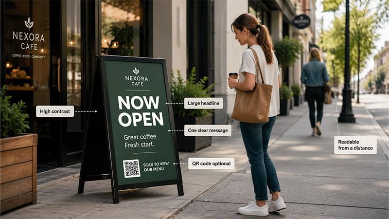 Storefront A-frame sign demonstrating headline size, contrast, one clear message, and optional QR code