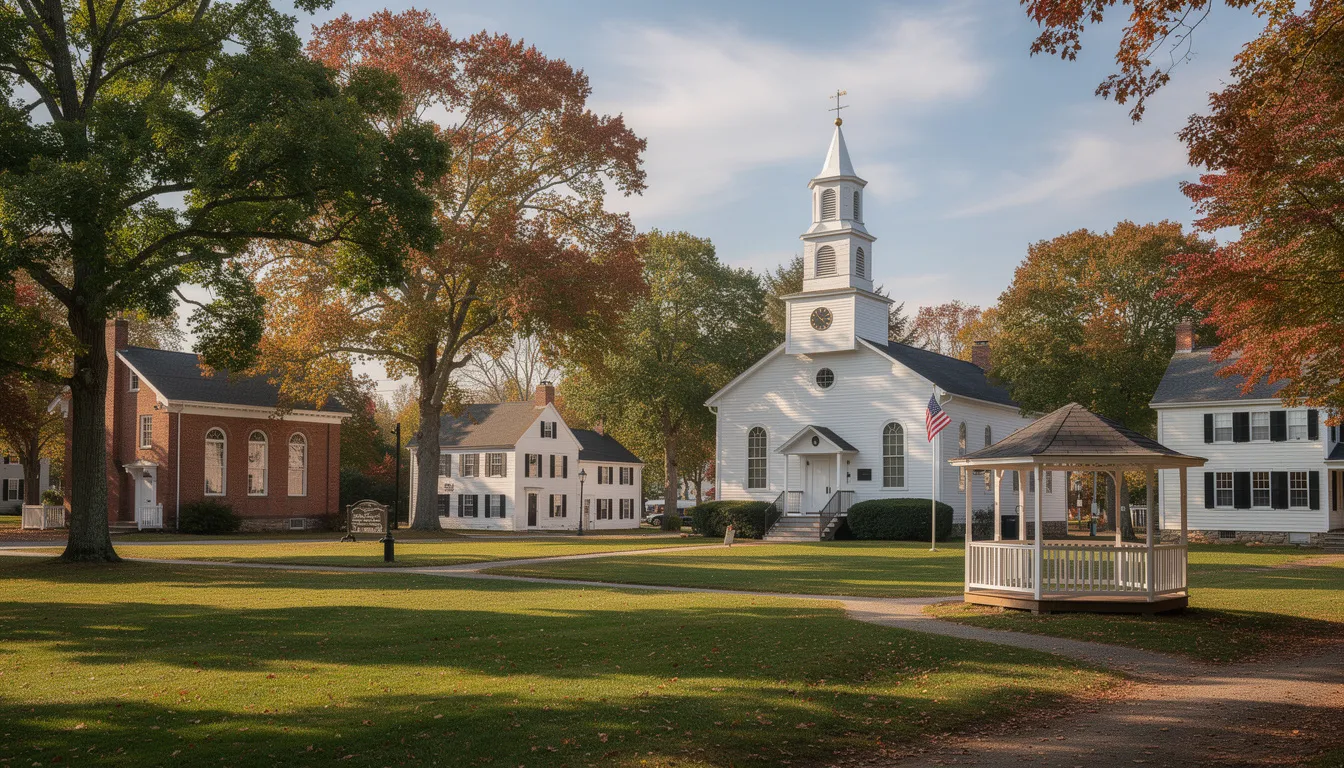 The image depicts a picturesque New England village green surrounded by historic buildings and mature trees, embodying small town charm. This serene setting is nestled in a community that offers easy access to the Connecticut shoreline and features a classic train station nearby, reflecting the perfect blend of history and modern living.