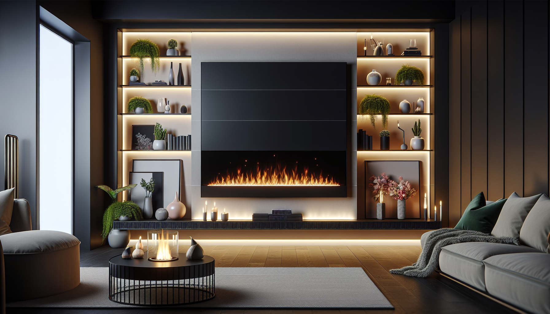 A Gazco eReflex 135RW electric fire integrated into a media wall setup.