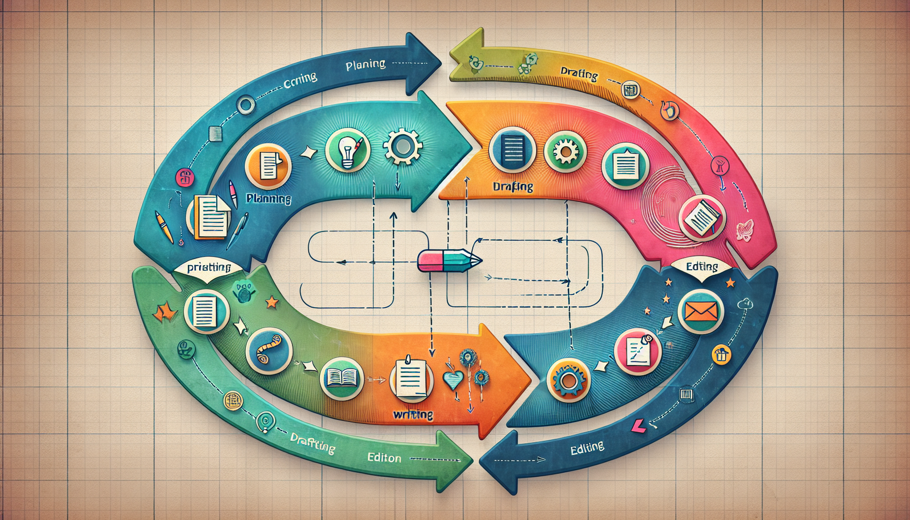 A diagram illustrating the stages of the essay writing process, including planning and drafting.