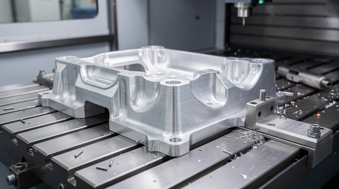 The image depicts an aluminum aerospace housing featuring multiple deep milled pockets, resting on a CNC machine table. This setup highlights the plunge milling process, showcasing the precision and stability required to create intricate designs in non-ferrous materials.