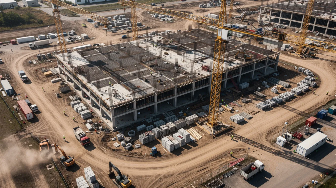 An aerial view captures a vast industrial construction site in Central Texas, showcasing multiple cranes and various concrete structures in the process of development. This bustling scene reflects the ongoing growth in the construction industry, highlighting the demand for skilled trades and the importance of workforce development in meeting labor supply needs.