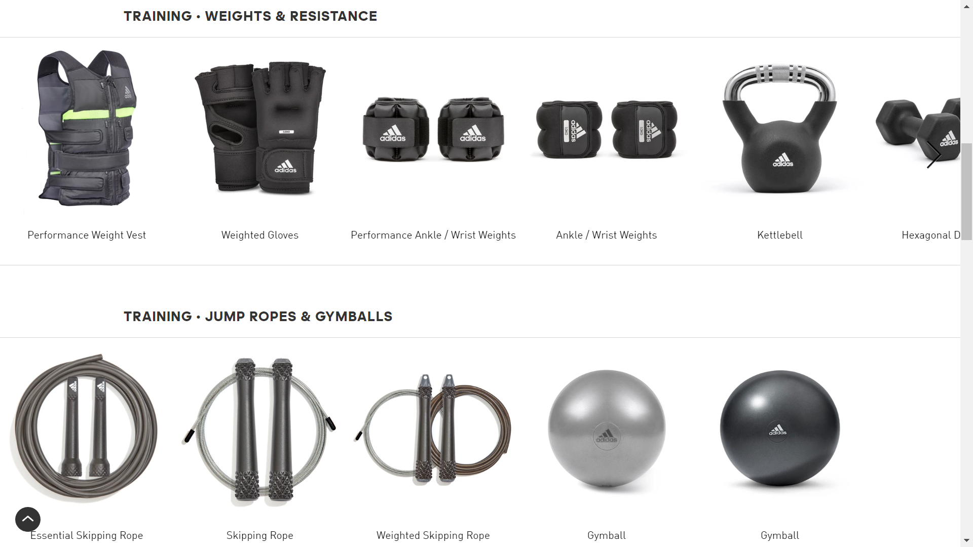 Screenshot of Adidas Training equipment eCommerce page