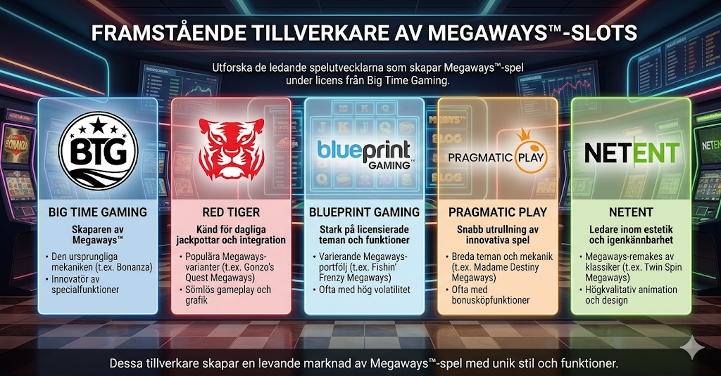Speltillverkare bakom Megaways slots – Big Time Gaming, Red Tiger, Blueprint Gaming, Pragmatic Play och NetEnt som skapar populära Megaways spel på casino online