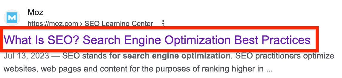 Title tag placed above the metadescription in the SERP