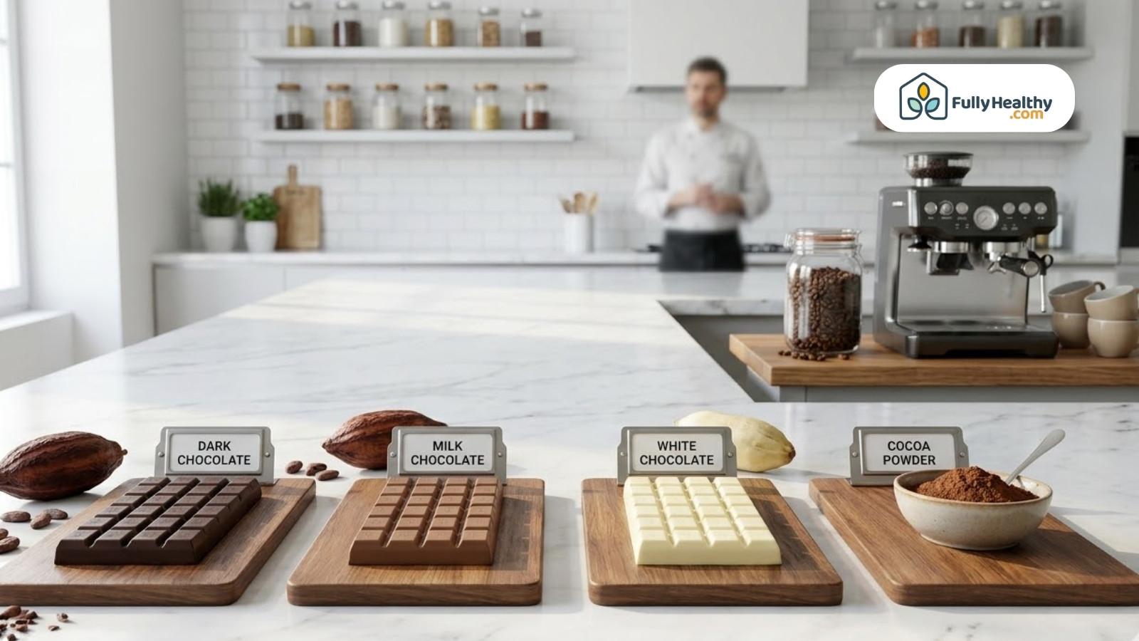 Comparison of dark, milk, white chocolate and cocoa powder on display