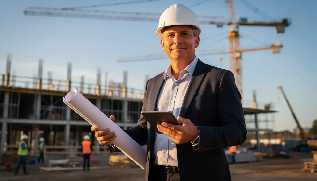 A confident construction company CEO stands at an active job site on a sunny day, dressed in smart-casual attire with a hard hat and blueprints in hand. The bustling background features cranes and workers, while warm sunlight highlights the subject's proud and optimistic demeanor, embodying the spirit of success in business financing and growth opportunities after securing money to build his company and avoid cash flow issues. The image represents a sense of trust and bringing success to table.