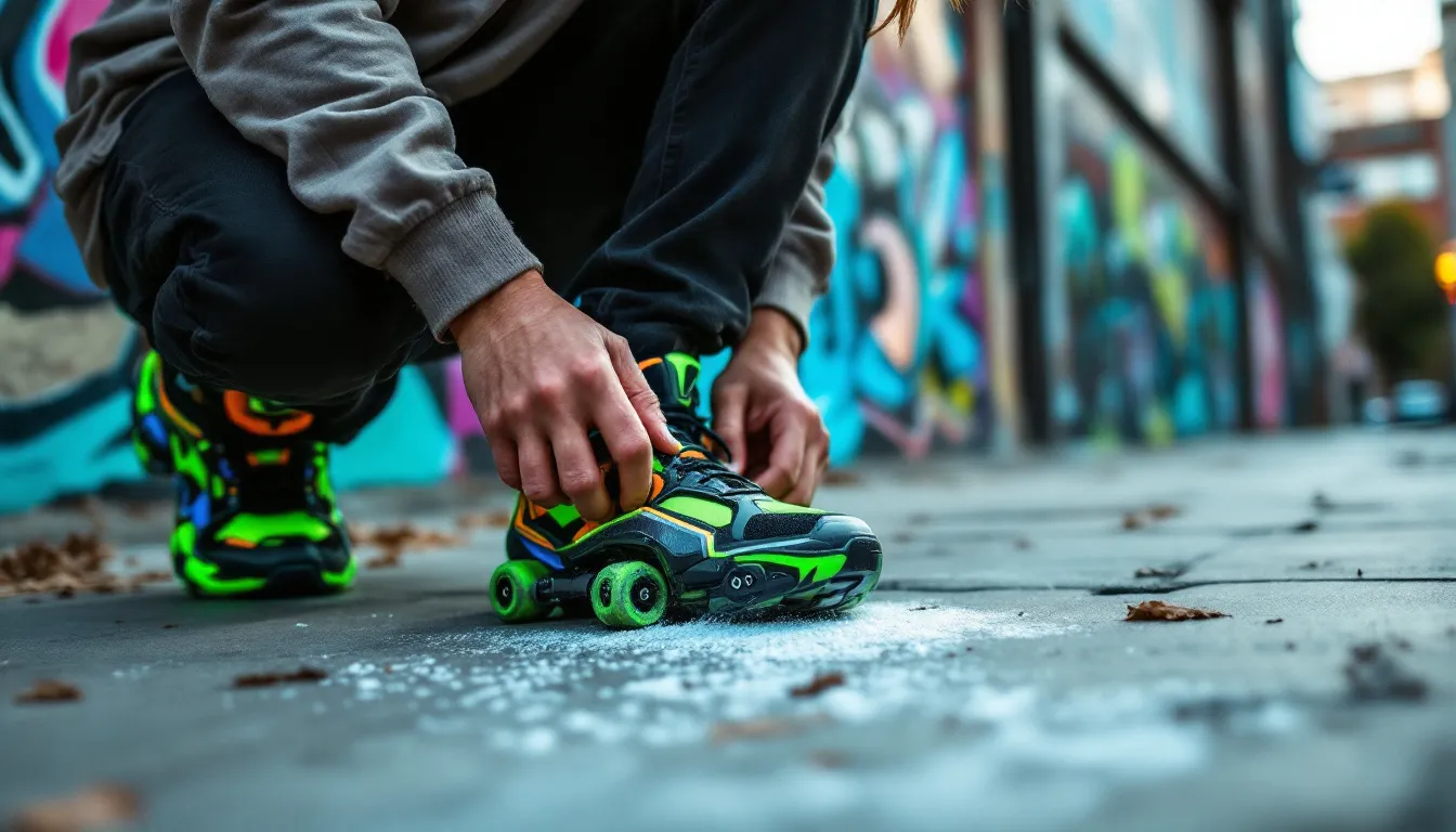 A skater performing maintenance on their skateboard shoes to extend their life.