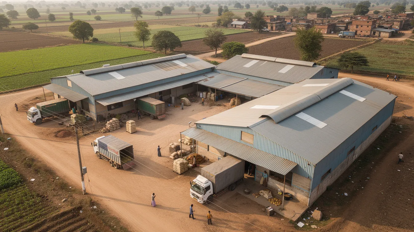 An aerial view showcases a small industrial food processing factory in a rural Indian setting, featuring corrugated roof sheds, loading trucks, and an open yard area. This factory is likely involved in the puffed rice industry, contributing to the manufacturing process of popular snacks like murmura, with a focus on production capacity and quality parameters.