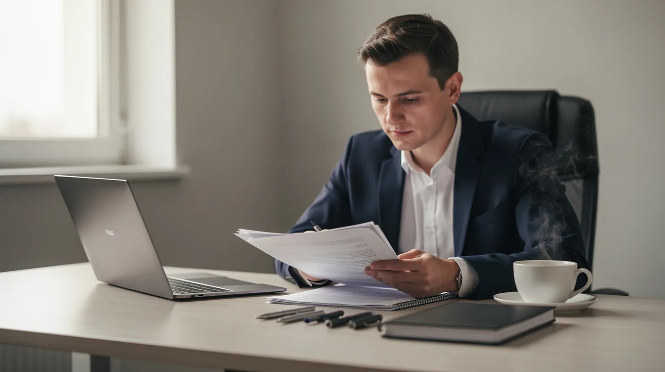 A person is seated at a desk, reviewing paperwork while using a laptop, with a coffee cup nearby. This scene reflects the diligent efforts of small business owners seeking financial assistance and funding opportunities to support their business development and growth.
