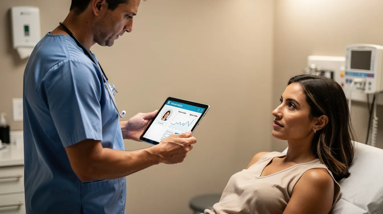 Un profesional de salud revisa información en una tablet mientras atiende a un paciente, utilizando un sistema de historia clínica digital para acceder a datos relevantes sobre el historial médico y tratamientos. La escena refleja la importancia de la tecnología en la atención médica y la recopilación de información.