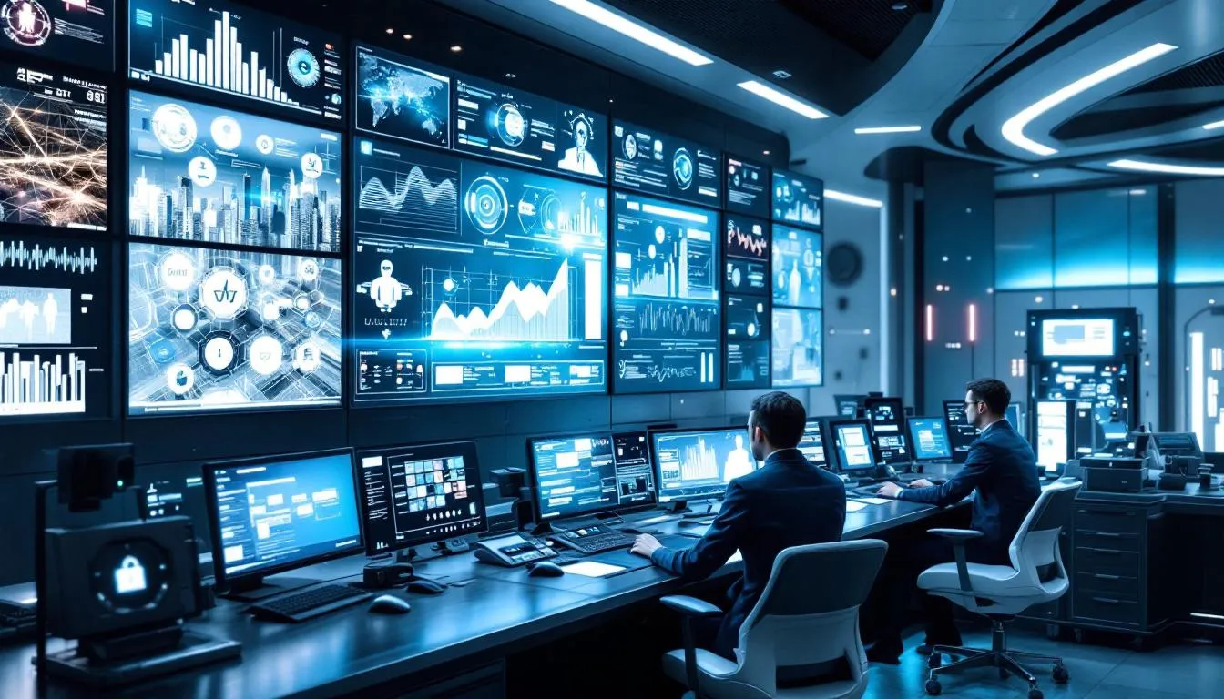 The image illustrates a futuristic landscape focused on AI security, showcasing various AI systems surrounded by advanced security controls and zero trust architecture. It emphasizes the importance of safeguarding sensitive data against potential security threats and unauthorized access through continuous monitoring and strict access controls.