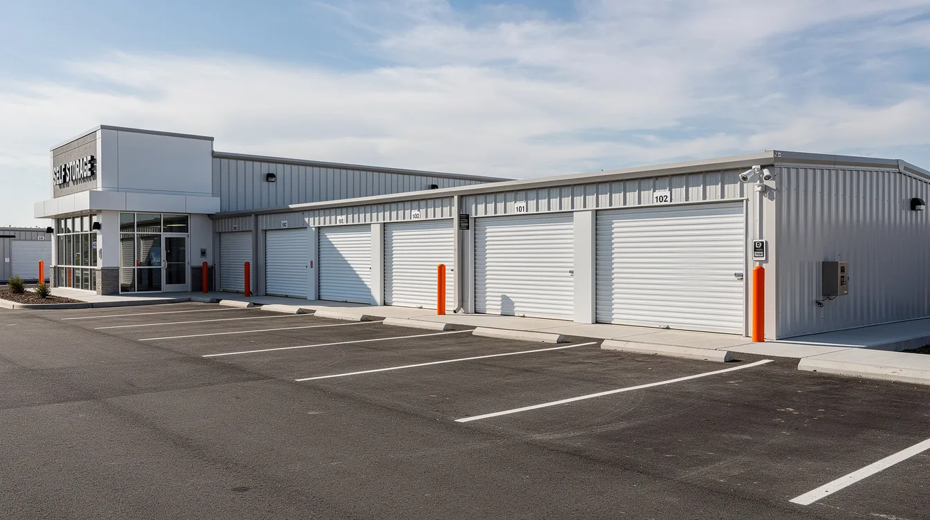 The image depicts a modern self-storage facility featuring multiple storage units and a paved parking area, designed for easy accessibility. This commercial property could offer significant tax benefits through a quality cost segregation study, potentially enhancing cash flow for real estate investors.