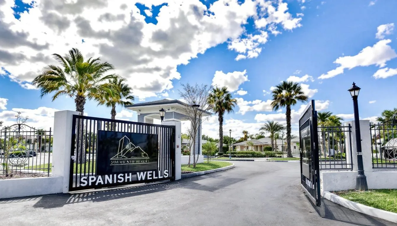 The image shows the entrance to the prestigious Spanish Wells community in Bonita Springs, featuring a security gate and a prominent Spanish Wells sign. The well-maintained entrance leads into a serene environment, hinting at the beautiful lake and golf course that lie within this exclusive gated community.