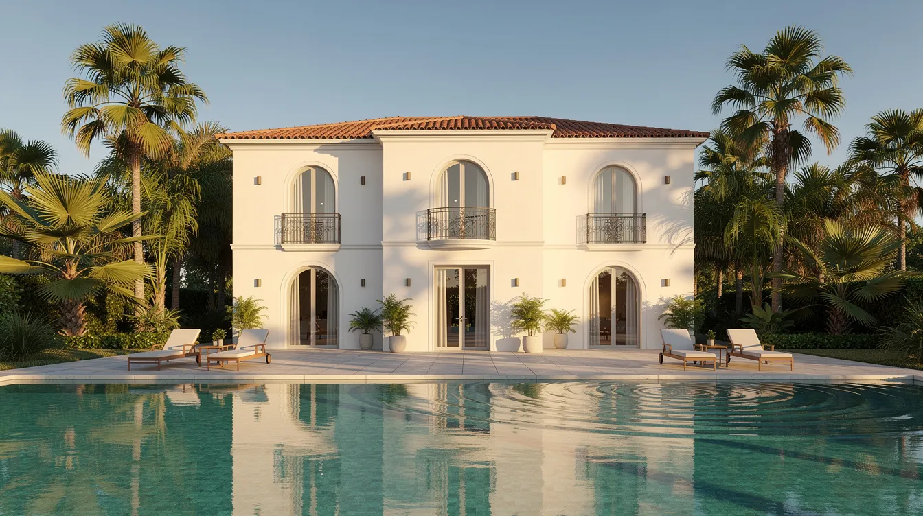 A picturesque white Mediterranean-style villa with a terracotta roof is surrounded by lush palm trees and features a sparkling pool, representing an ideal investment property for foreign investors looking to enjoy the benefits of living in Spain. This serene setting highlights the potential for rental income and long-term growth in the Spanish real estate market.