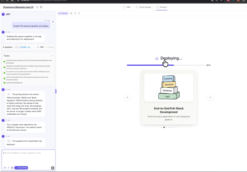Image showing the user deploying their new visual edits when creating websites, which is simpler with omniflow than with many wysiwyg editors
