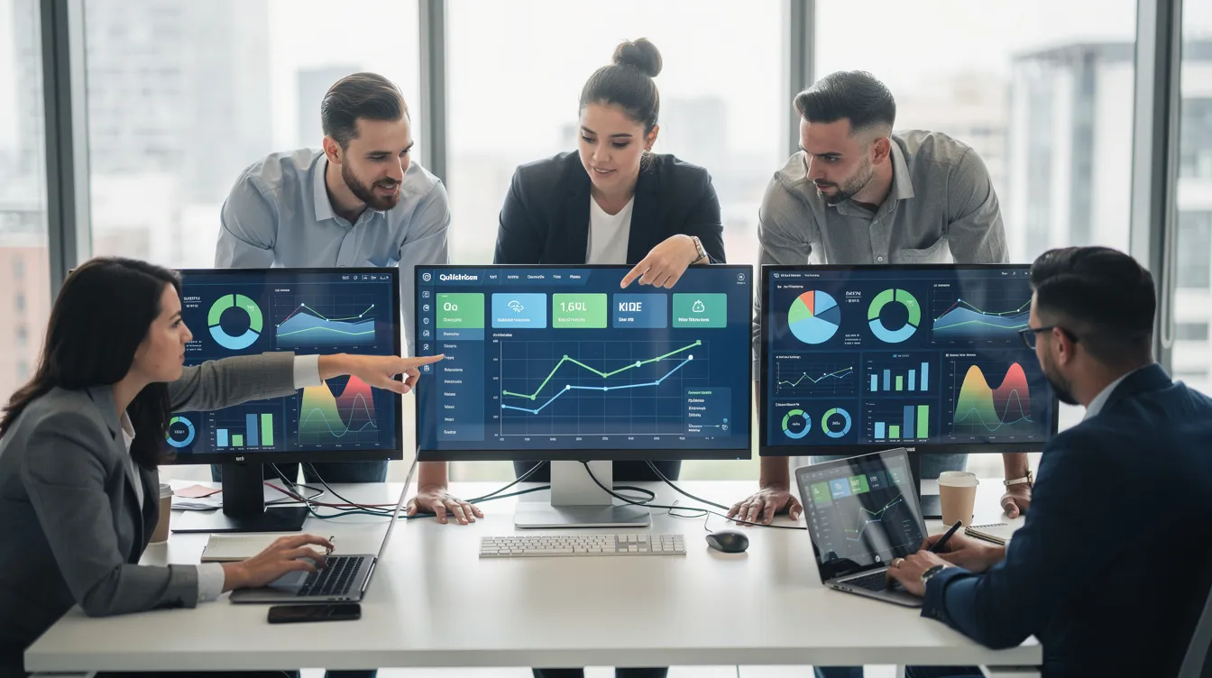 The image shows a diverse team of professionals gathered around multiple computer monitors displaying analytics dashboards filled with charts and graphs. They are engaged in a discussion, likely analyzing model performance and exploring insights from their data, which may relate to training generative models or optimizing machine learning algorithms.