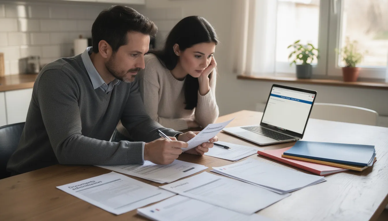 Un couple examine attentivement des documents administratifs sur une table, avec un ordinateur portable ouvert à côté d'eux. Ils semblent discuter de leur situation d'immigration au Canada, potentiellement en lien avec une demande de parrainage pour un conjoint de fait ou un membre de leur famille.