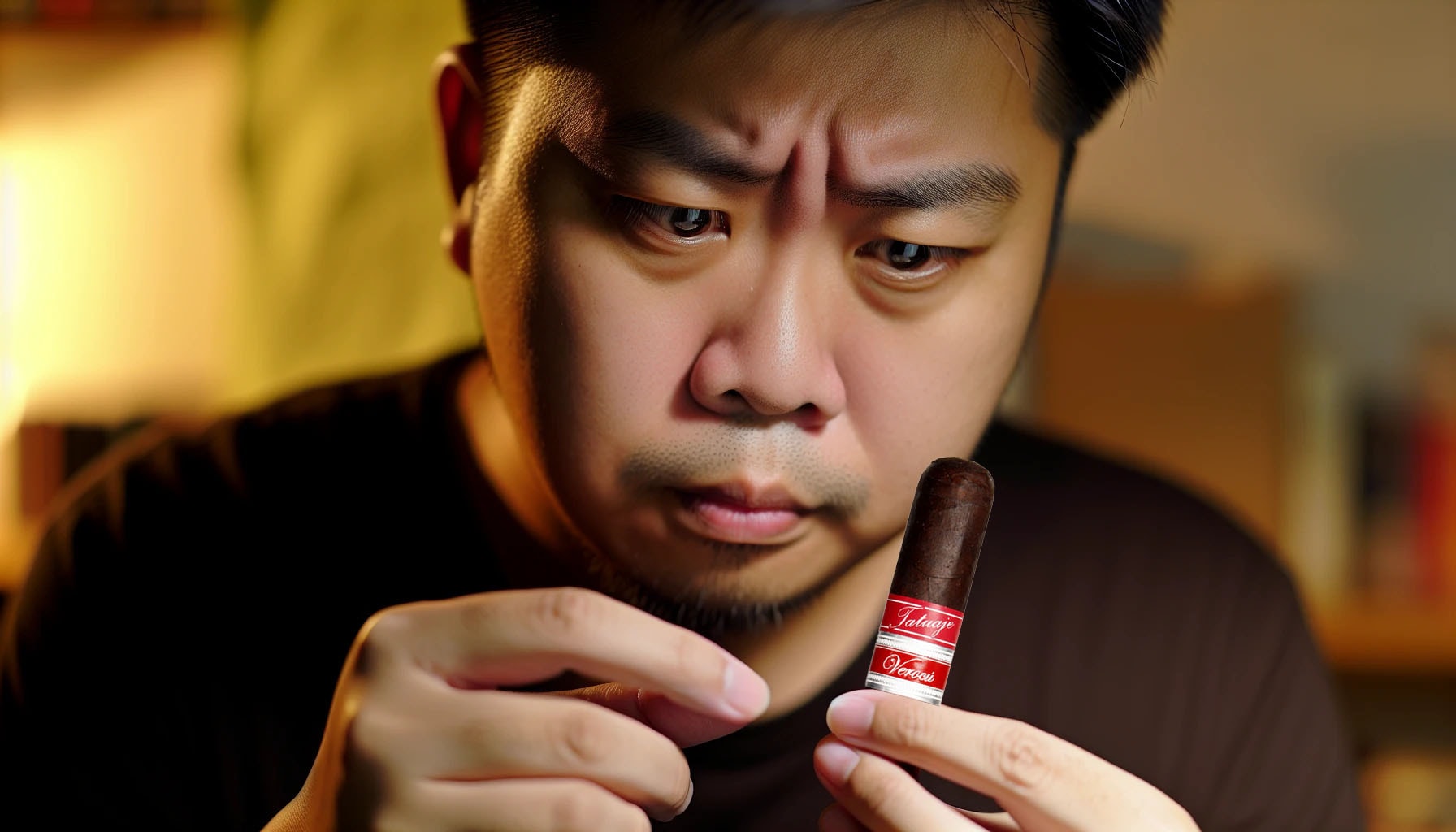 A person holding a Tatuaje Havana VI Verocu cigar, examining its wrapper