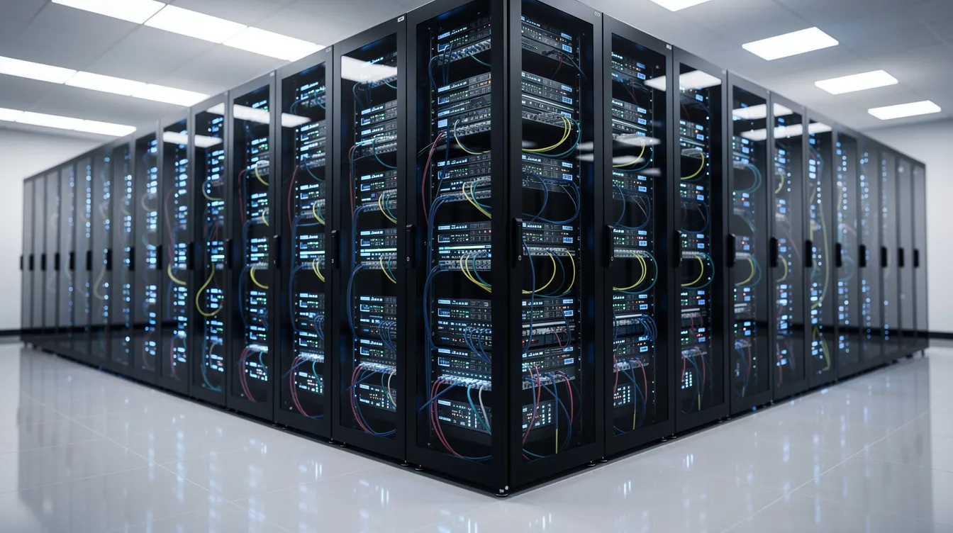 Das Bild zeigt ein modernes Rechenzentrum, das mit Reihen von Netzwerkserver-Racks gefüllt ist, wobei jedes mit blinkenden Lichtern versehen ist, die den aktiven Datenverkehr anzeigen. Diese Hightech-Umgebung ist unerlässlich, um Mobilfunknetze zu unterstützen und zuverlässige Internetdienste für Benutzer und Unternehmen bereitzustellen.