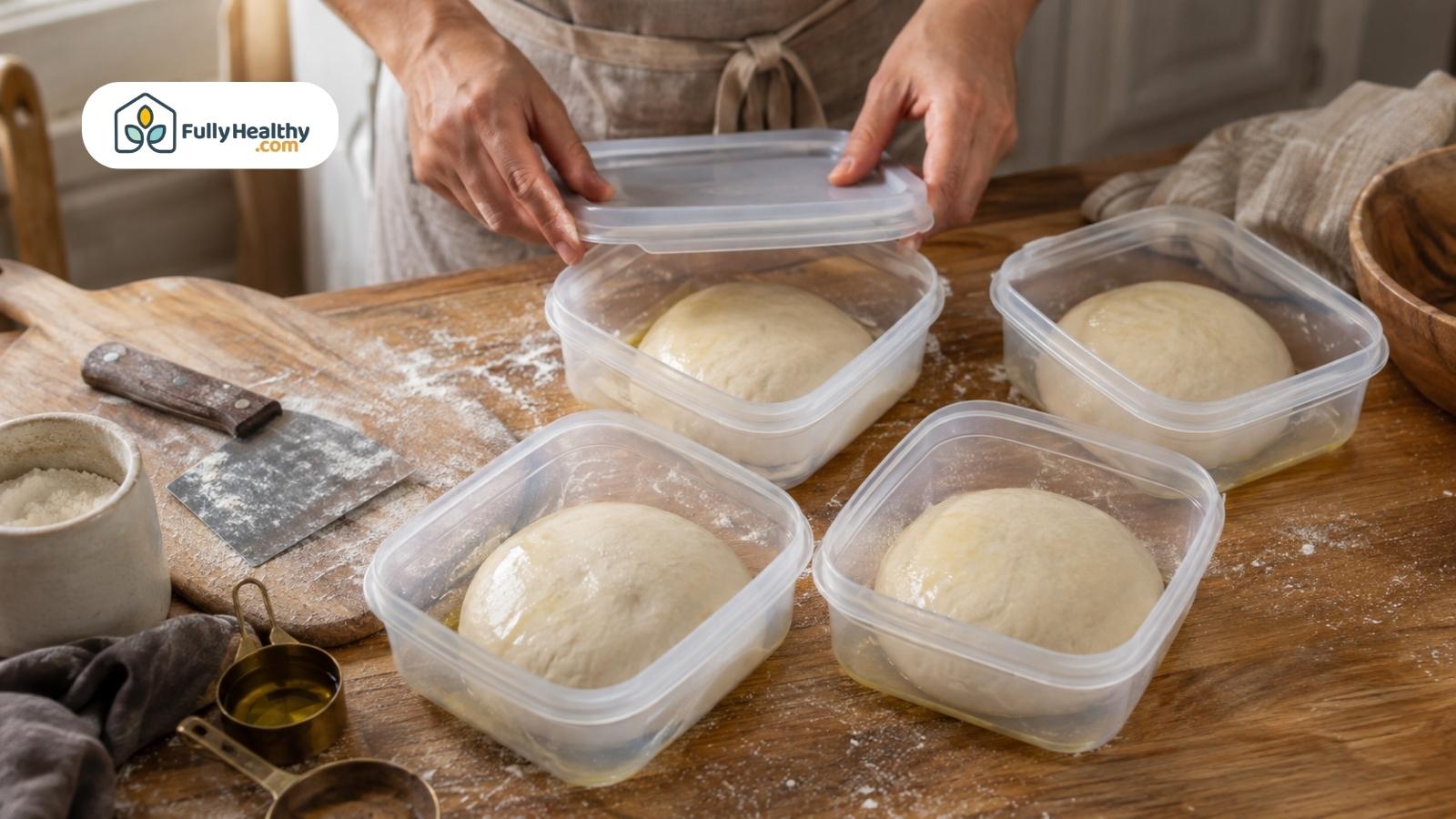 Pizza dough balls portioned in individual containers for airtight freezer storage