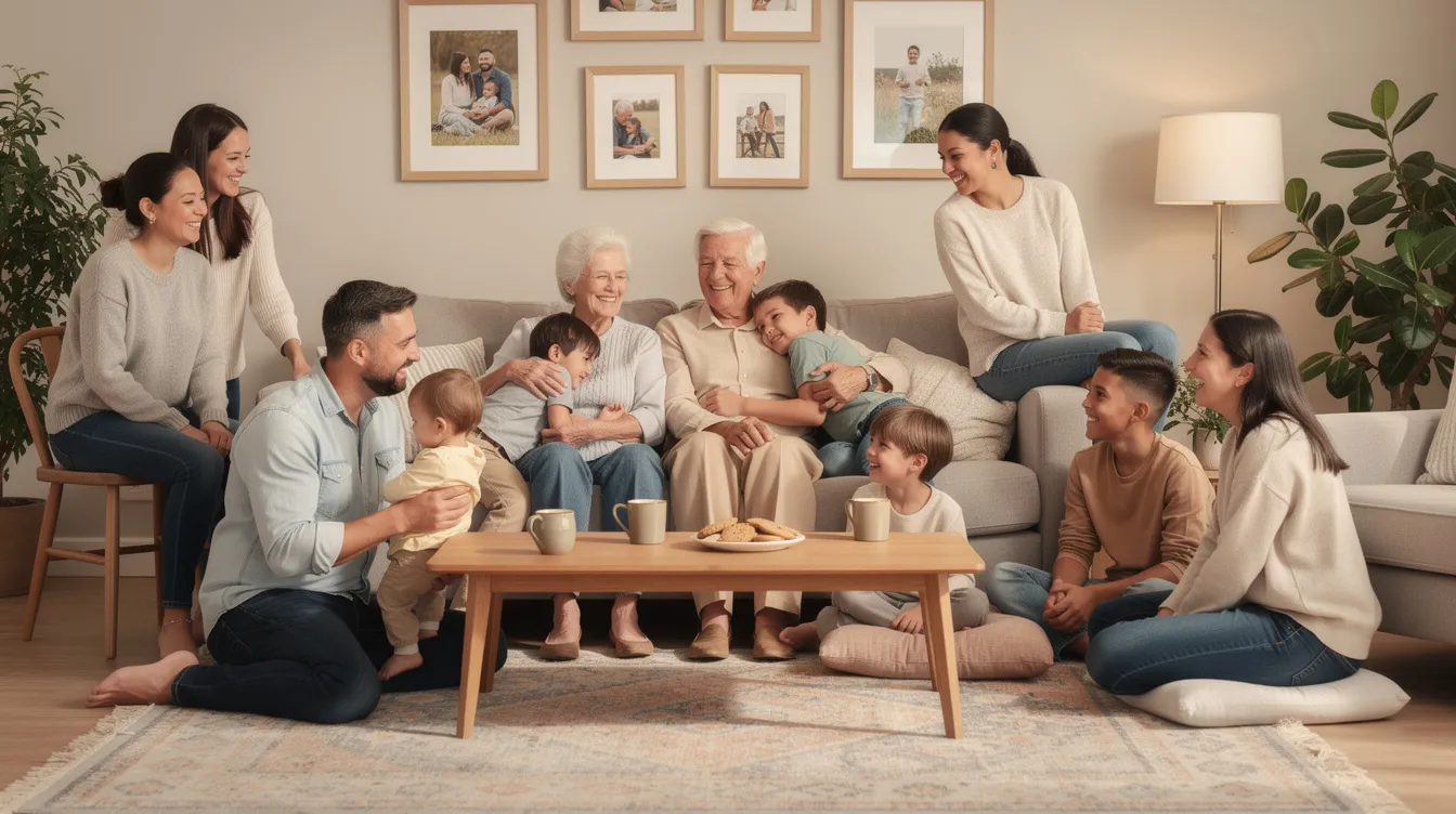 The image depicts a multi-generational family gathered in a cozy living room, sharing laughter and stories, symbolizing the importance of family support in retirement planning. This scene reflects the value of discussing retirement savings and financial strategies, ensuring a secure retirement for future generations.