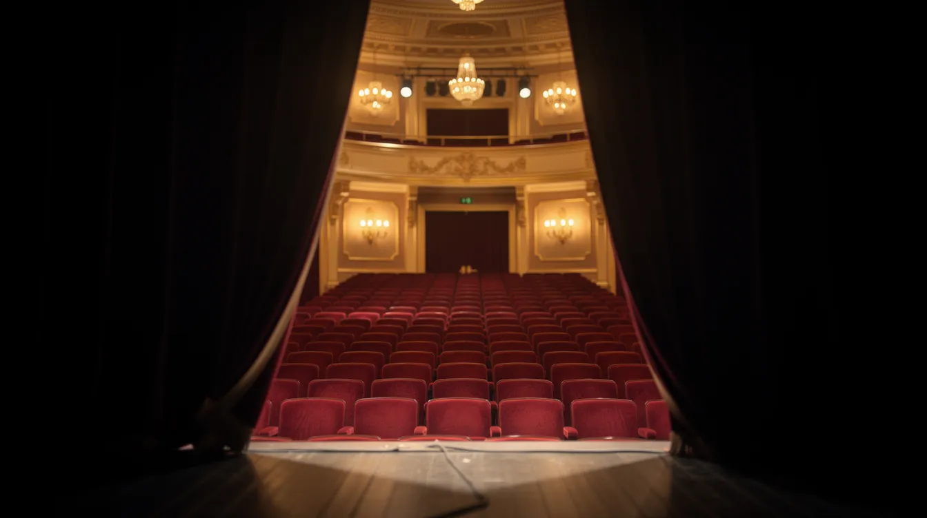 Der Blick durch den Vorhangspalt zeigt einen beleuchteten Theatersaal mit roten Sesseln, aus der Perspektive einer Person hinter der Bühne. Diese Szene vermittelt das Gefühl der Vorfreude und Aufregung, die mit einer bevorstehenden Aufführung im Theater verbunden ist, ähnlich dem Drama und den Intrigen in "All About Eve".
