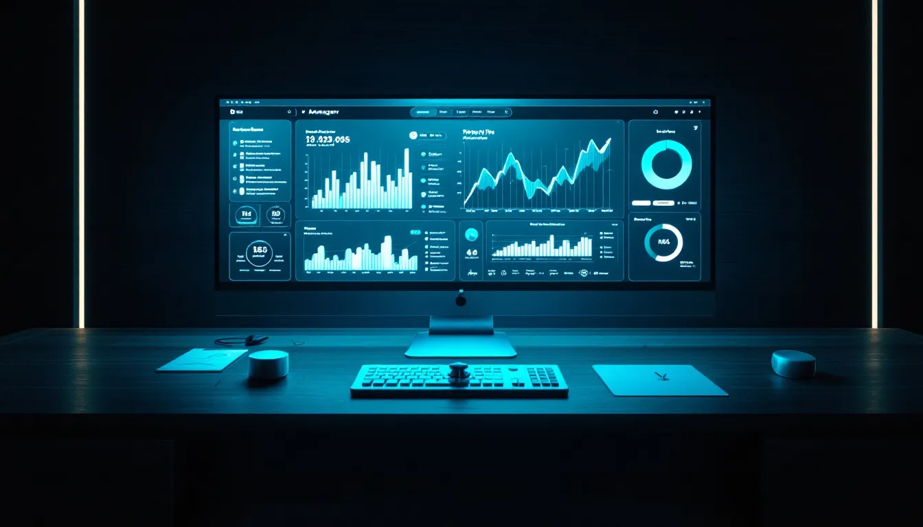 De afbeelding toont een management dashboard met interactieve visualisaties, grafieken en tabellen die belangrijke prestatie indicatoren (KPI's) presenteren. Dit krachtige hulpmiddel biedt managers een helder inzicht in actuele gegevens en trends, waardoor ze onderbouwde beslissingen kunnen nemen op verschillende niveaus van de organisatie.