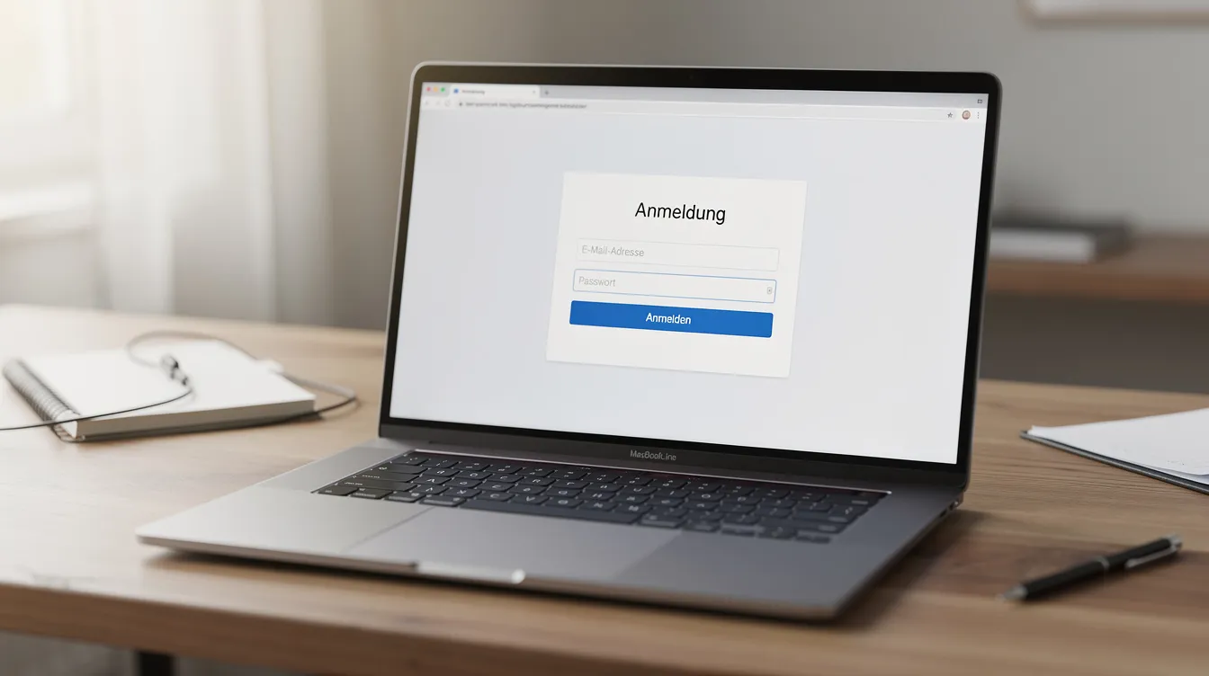 Ein Laptop steht auf einem Schreibtisch, auf dem Bildschirm ist ein geöffneter Browser mit einem Anmeldeformular für den Zugang zu einem Konto bei Easybill zu sehen. Die Felder für E-Mail und Passwort sind sichtbar, bereit für die Eingabe der Zugangsdaten.
