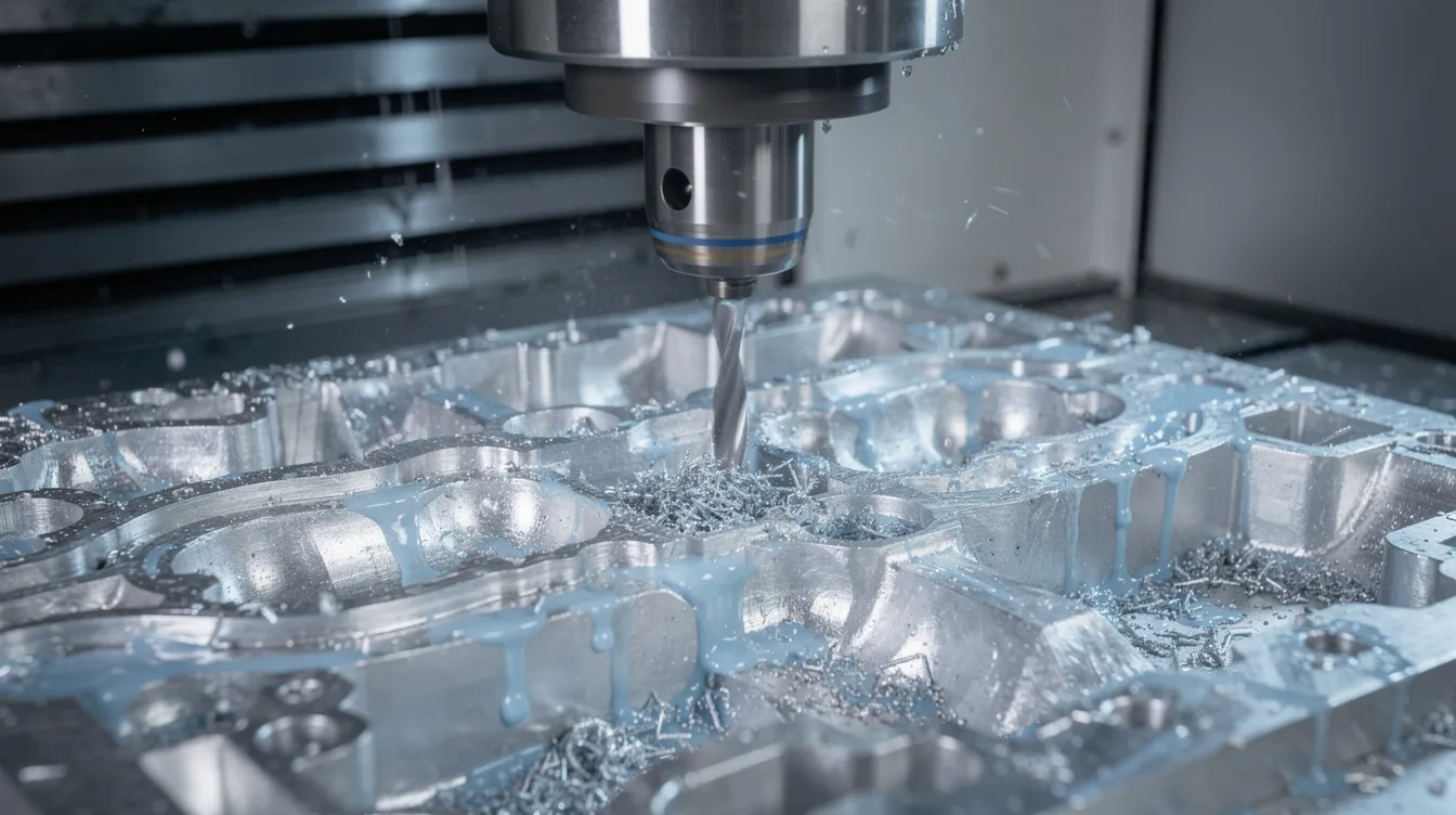 A close-up view of a five-axis CNC milling machine actively cutting a complex aluminum part, with coolant flowing over the workpiece to enhance the cnc machining process. The image showcases the precision machining capabilities of the CNC technology as it shapes the aluminum alloy into intricate geometries.
