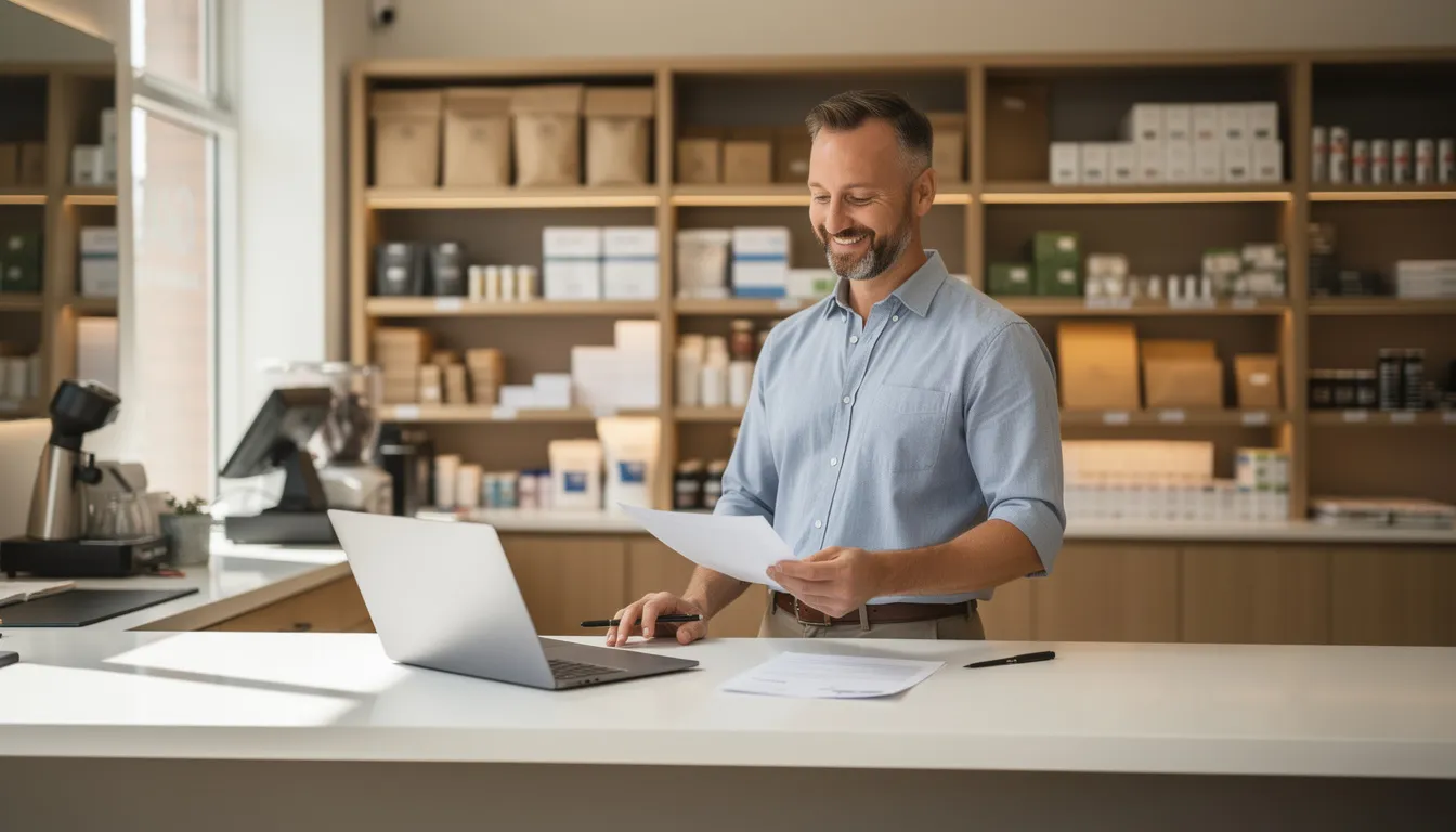 A small business owner stands confidently in their well-organized shop, reviewing financial documents on a laptop with a satisfied expression, suggesting business stability and growth after borrowing money. The warm lighting creates an optimistic atmosphere, reflecting the owner's commitment to their company's success for several years and the potential for future revenue through programs like revenue-based financing.
