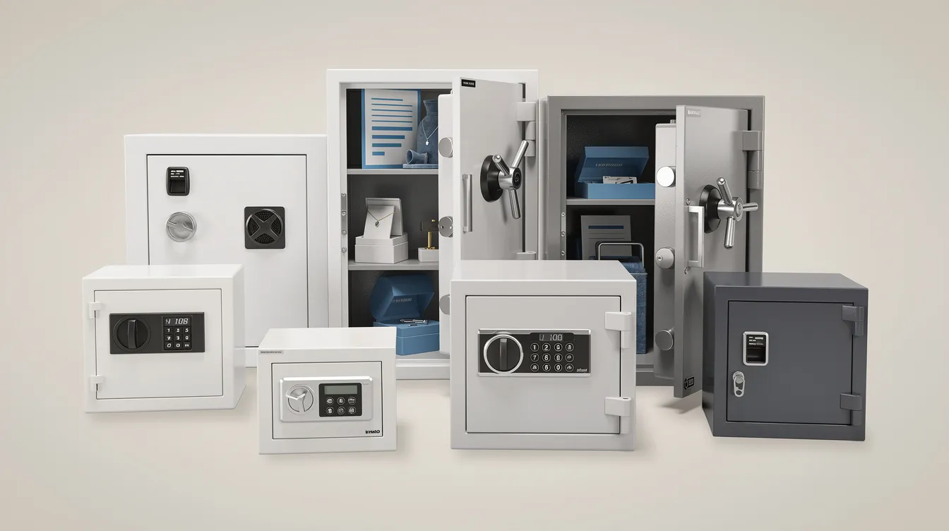A variety of home safes displayed, showcasing different sizes and lock types.