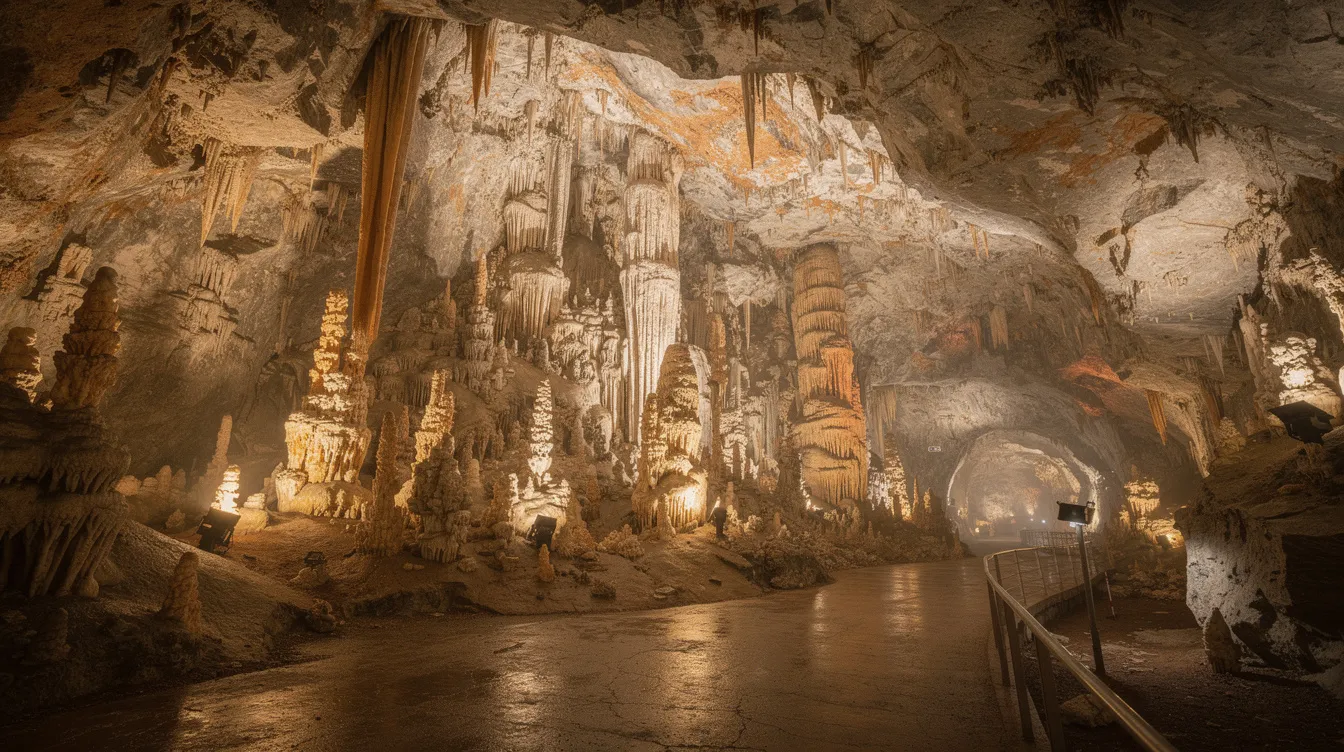 A imagem mostra a impressionante Caverna de Postojna, na Eslovênia, famosa por suas formações rochosas e túneis extensos. É um destino popular entre turistas e espeleólogos, destacando-se pela beleza natural e pela história geológica que abriga.