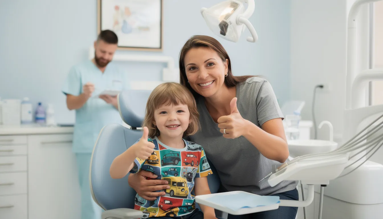 A parent and their young child are joyfully giving thumbs up together after a successful dental checkup, showcasing their commitment to optimal oral health and a positive experience at the family dentist. The welcoming atmosphere reflects the dedication of the experienced team to prioritize patient comfort and well-being.
