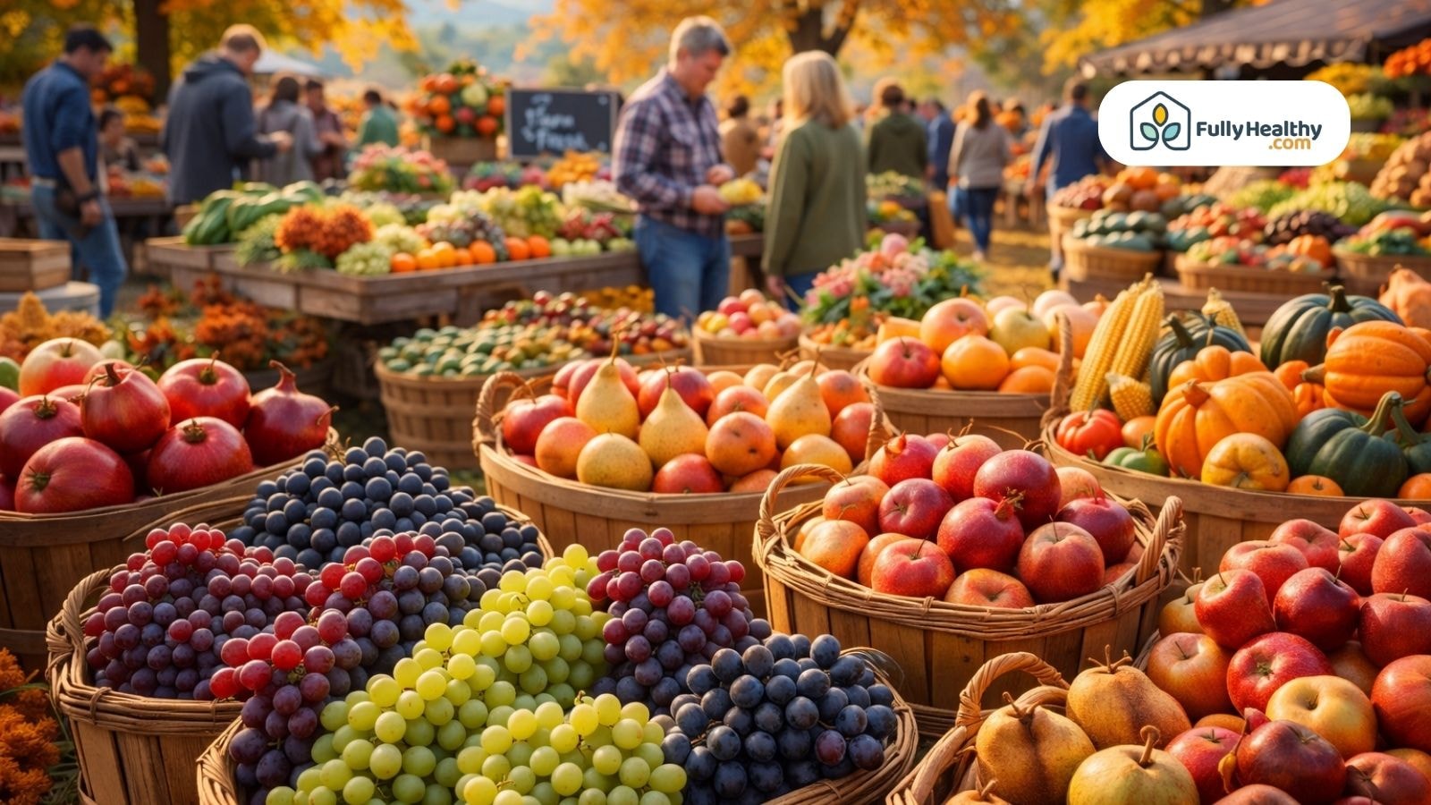 Colorful fall farmers market with grapes, apples, pears, and vegetables