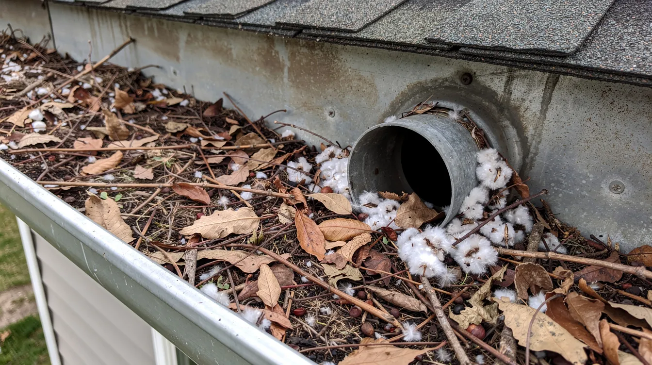A close-up view of a residential gutter in Pueblo, Colorado, shows it filled with leaves and cottonwood debris, with the downspout opening partially blocked, indicating potential water damage issues for the home. This image highlights the importance of regular gutter maintenance to protect properties in the Pueblo area from water-related problems.