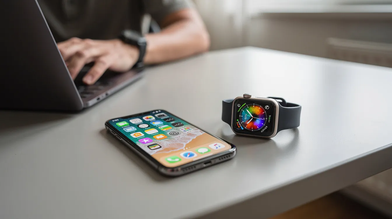 Eine Person sitzt an einem Schreibtisch, neben ihr liegen eine eingeschaltete Apple Watch und ein iPhone, beide bereit zur Kopplung. Die Geräte zeigen möglicherweise Informationen über Schritte und Aktivitäten an, während sie auf eine Verbindung warten.