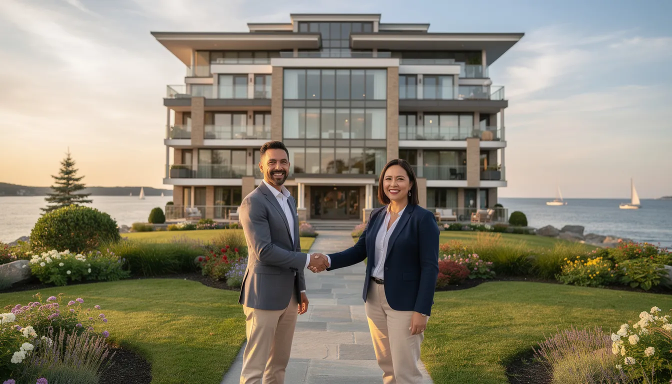 A satisfied client shakes hands with a real estate agent in front of an upscale condo on the Connecticut shoreline, with a scenic background showcasing the beauty of the area. This image highlights the positive experience of buying homes for sale in Guilford, CT, under the warm sun.