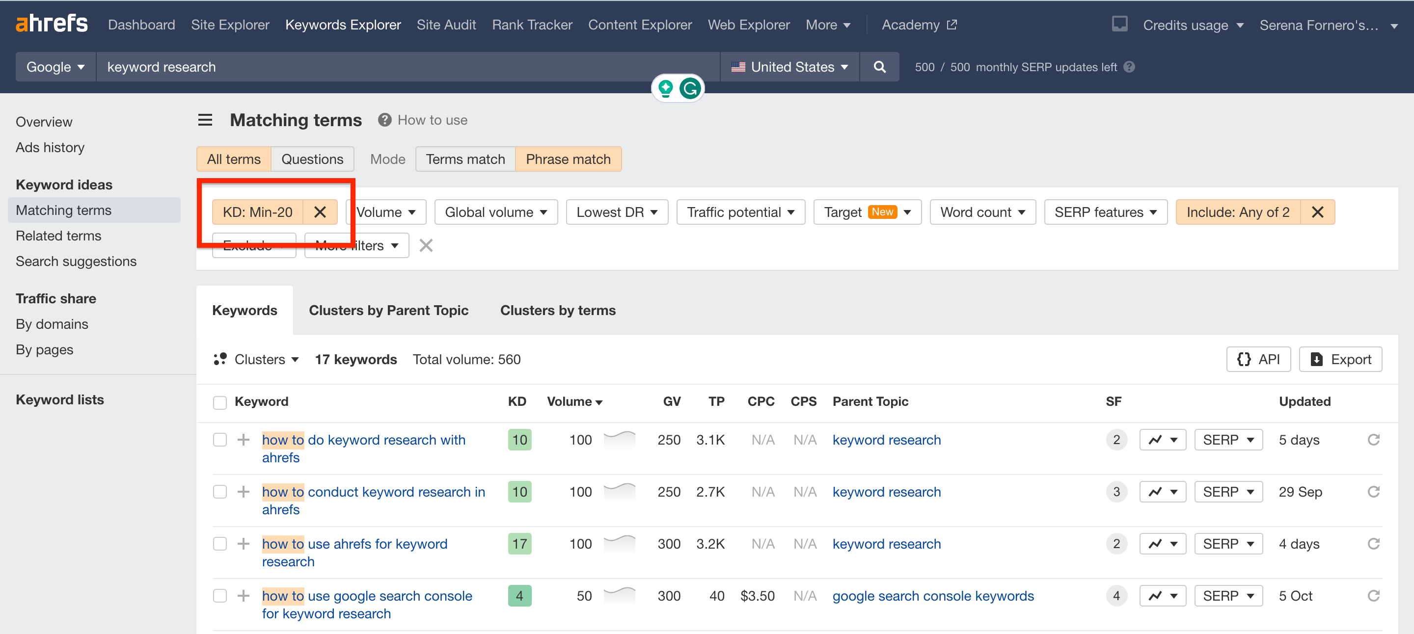 Sezione della keyword ideas, filtro KD