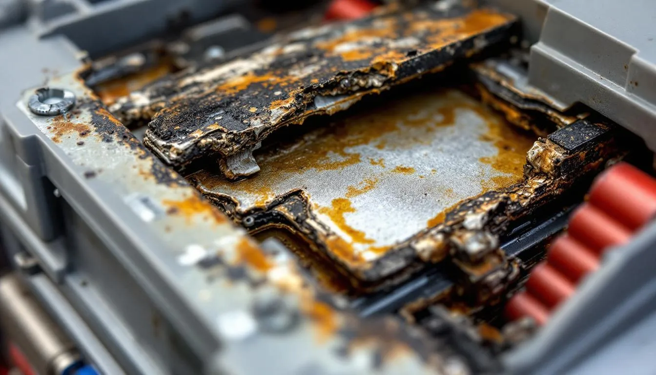 Interior of a damaged motorcycle battery