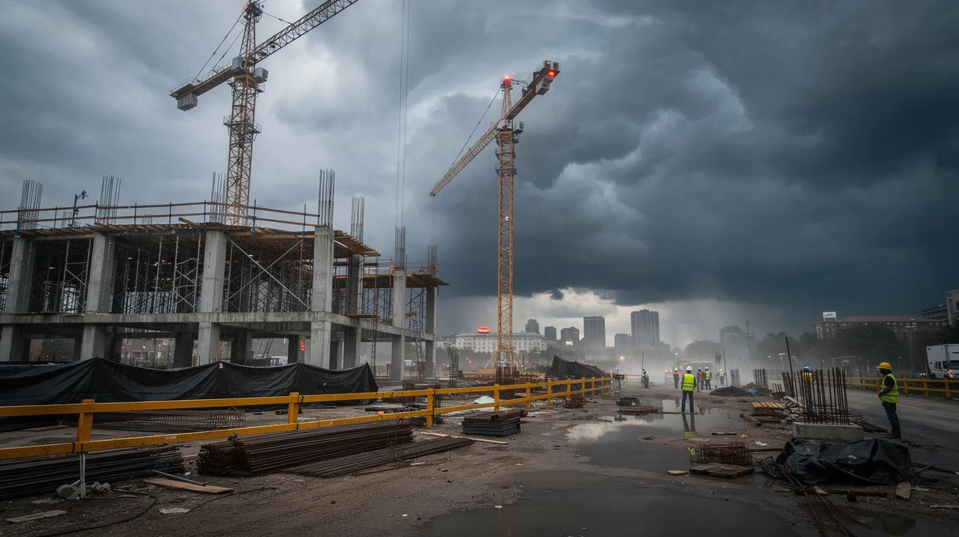 Dark storm clouds loom over an active construction site, where cranes and scaffolding are silhouetted against the sky.