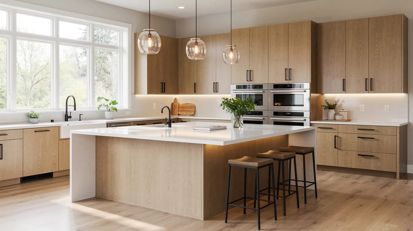 The image depicts a bright modern kitchen featuring a spacious island, warm wood cabinetry, and stylish pendant lighting, creating an inviting atmosphere. This kitchen remodel exemplifies a functional space with custom cabinetry and energy-efficient appliances, perfect for a dream kitchen makeover.