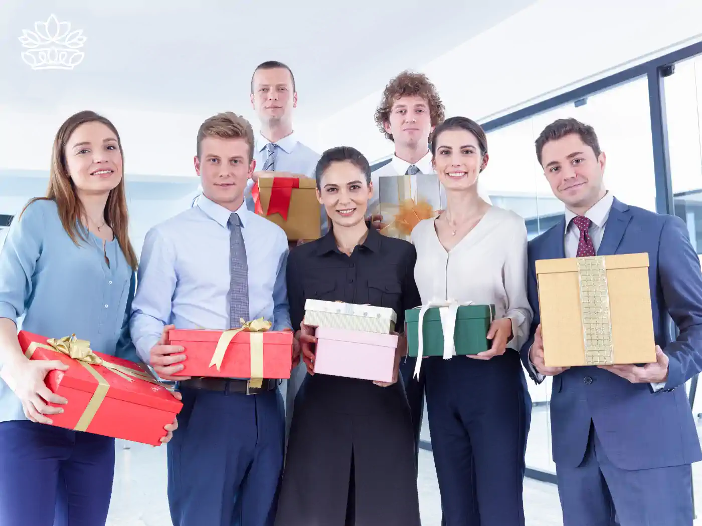 A diverse group of six professional colleagues, smiling and holding various brightly wrapped gifts in a modern office setting, exemplifying a culture of appreciation and teamwork. Fabulous Flowers and Gifts. Team Gifts. Delivered with Heart.
