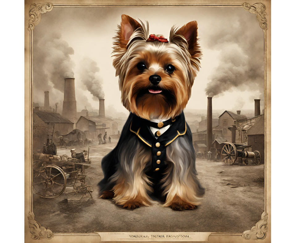 An Ai generated historical image of a Yorkie in the background of the industrial revolution