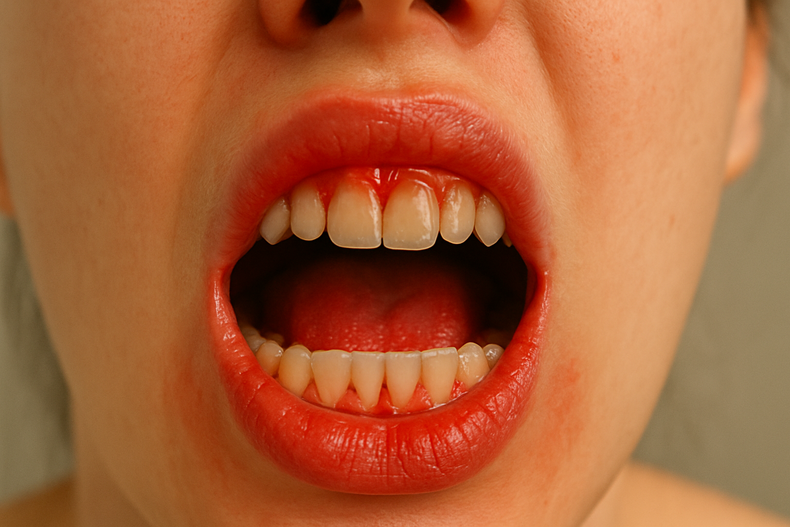 Åpen munn med rødt og hovent tannkjøtt rundt tennene, tydelige tegn på betennelse og mulig plakk langs tannkanten.