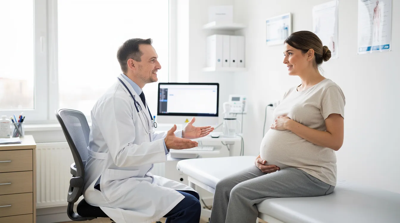 A pregnant woman is sitting in a bright medical office, consulting with her healthcare provider about her reproductive health and mitochondrial function. They are discussing important topics such as improving egg quality and the benefits of oral supplements during her fertility journey.